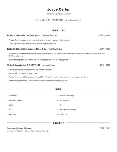 Technical Specialist, Cytology Resume