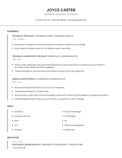 Technical Specialist, Cytology Resume