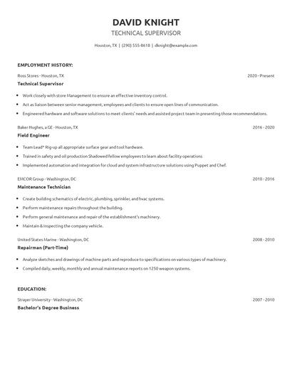 Technical Supervisor Resume