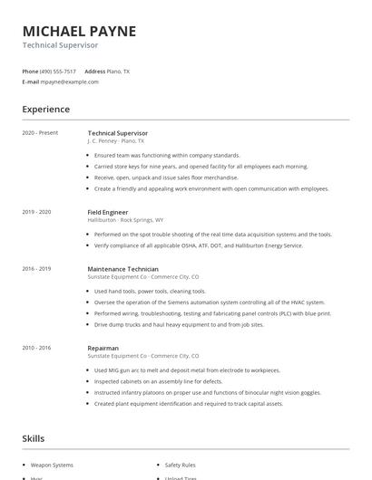 Technical Supervisor Resume