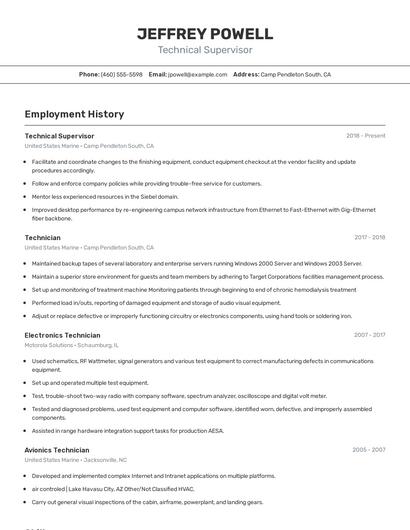 Technical Supervisor Resume