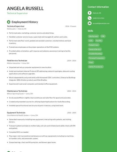 Technical Supervisor Resume