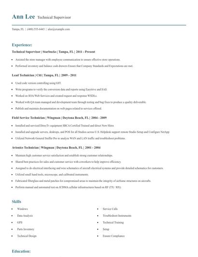 Technical Supervisor Resume