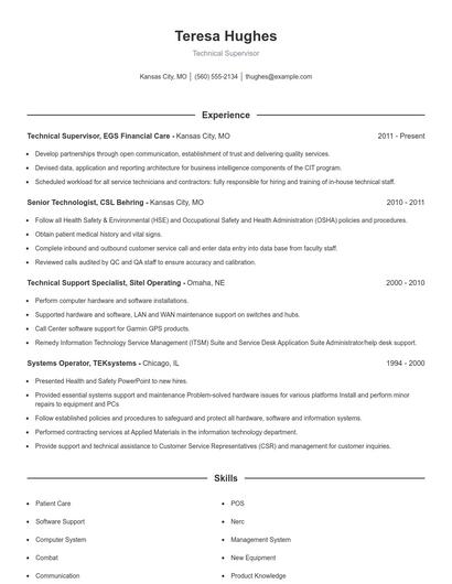 Technical Supervisor Resume