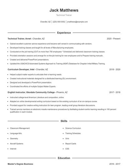 Technical Trainer Resume
