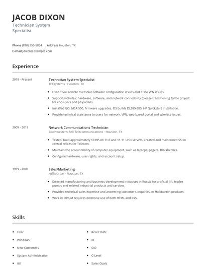Technician System Specialist Resume