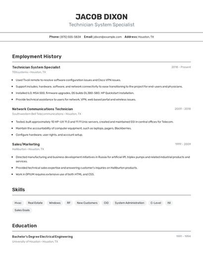 Technician System Specialist Resume