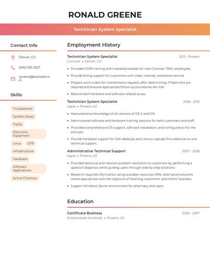 Technician System Specialist Resume