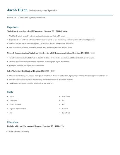 Technician System Specialist Resume