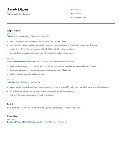Technician System Specialist Resume