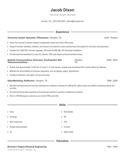Technician System Specialist Resume
