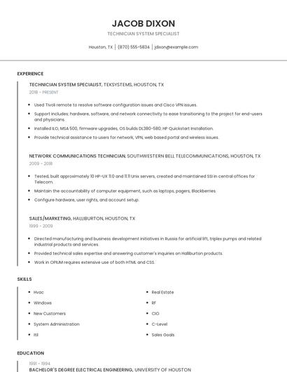 Technician System Specialist Resume