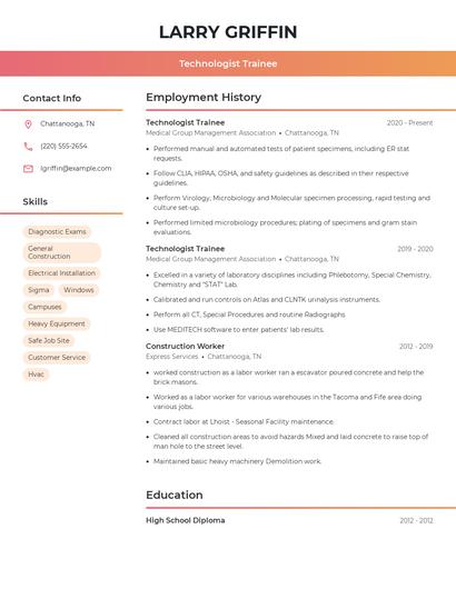 Technologist Trainee Resume