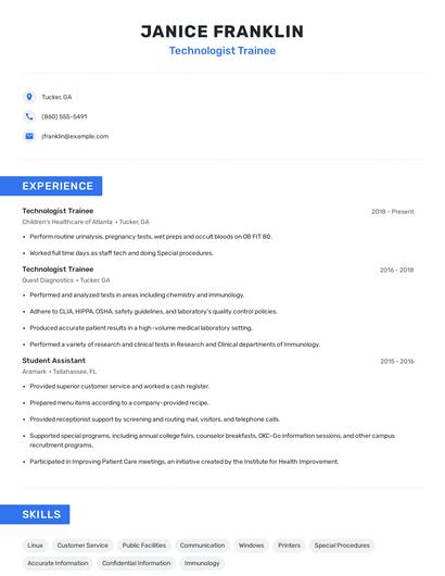 Technologist Trainee Resume