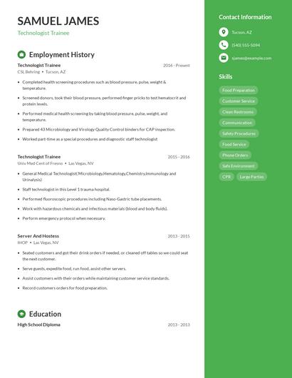 Technologist Trainee Resume