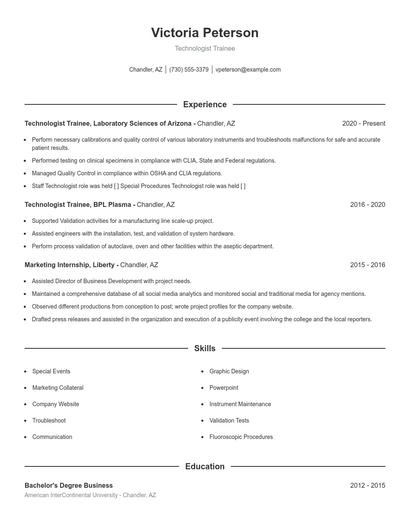Technologist Trainee Resume