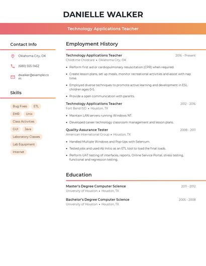 Technology Applications Teacher Resume