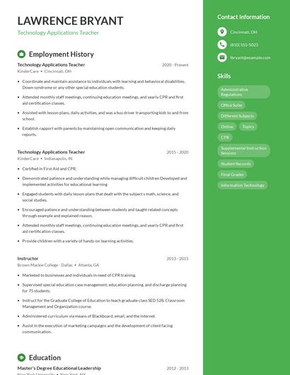 Technology Applications Teacher Resume