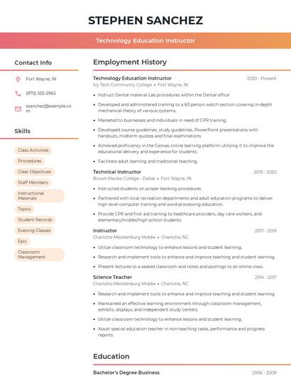 Technology Education Instructor Resume