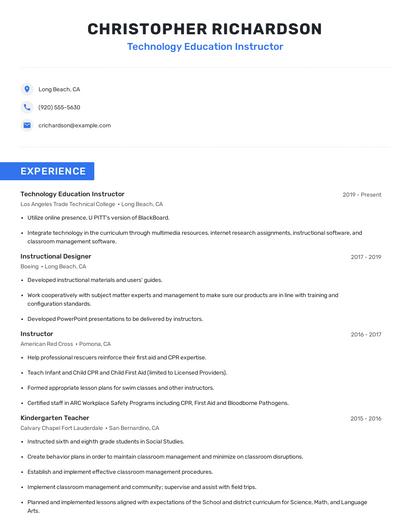 Technology Education Instructor Resume