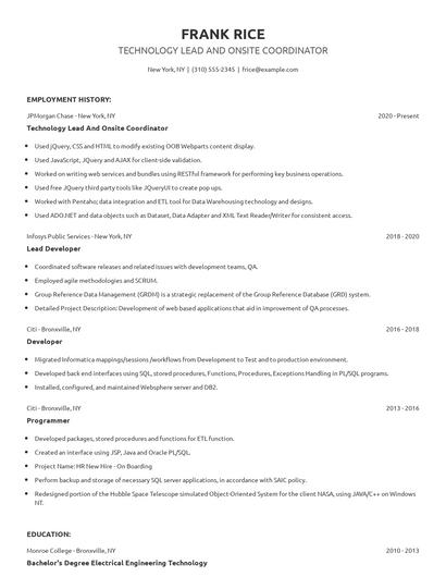Technology Lead And Onsite Coordinator Resume