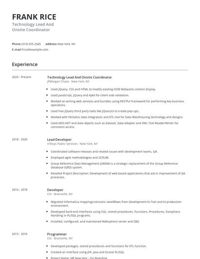 Technology Lead And Onsite Coordinator Resume