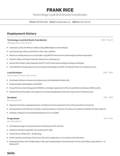 Technology Lead And Onsite Coordinator Resume