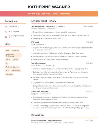 Technology Lead And Onsite Coordinator Resume