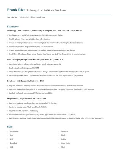 Technology Lead And Onsite Coordinator Resume
