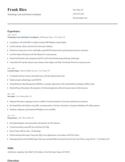 Technology Lead And Onsite Coordinator Resume