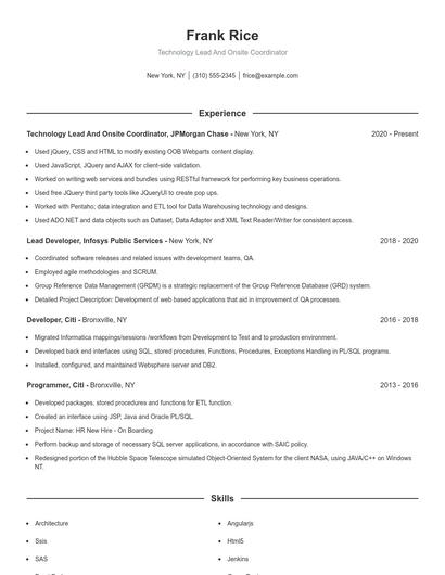 Technology Lead And Onsite Coordinator Resume