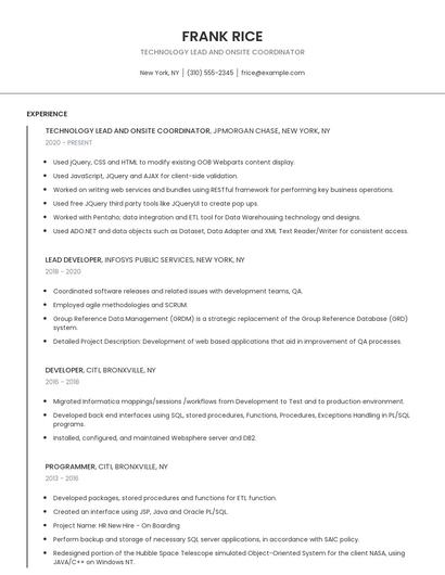 Technology Lead And Onsite Coordinator Resume