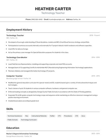 Technology Teacher Resume