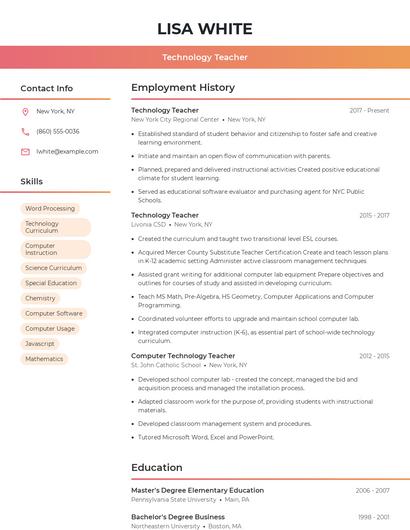 Technology Teacher Resume