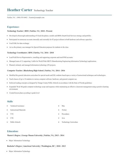 Technology Teacher Resume