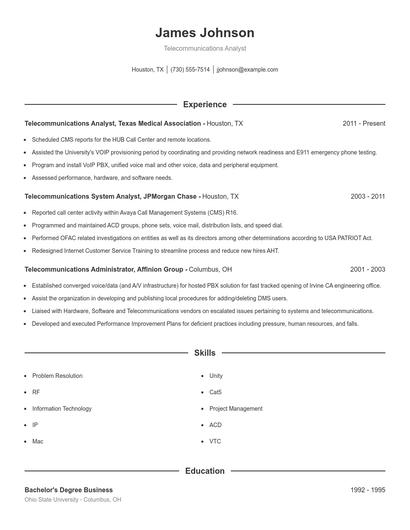 Telecommunications Analyst Resume