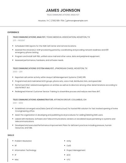 Telecommunications Analyst Resume