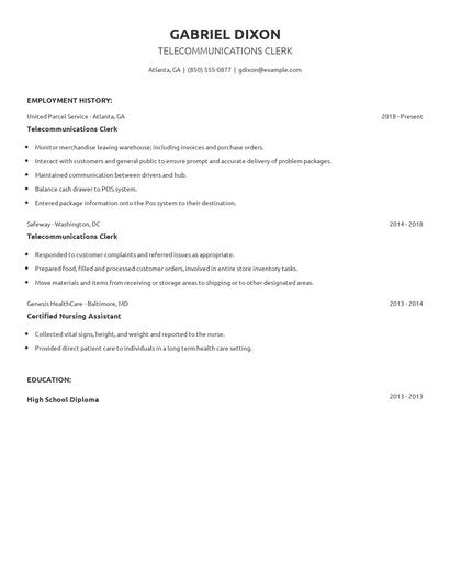 Telecommunications Clerk Resume