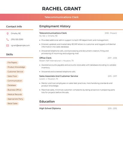 Telecommunications Clerk Resume