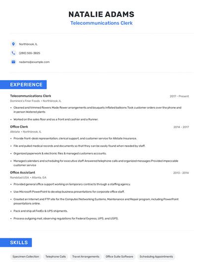 Telecommunications Clerk Resume