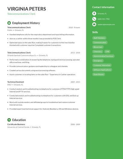Telecommunications Clerk Resume