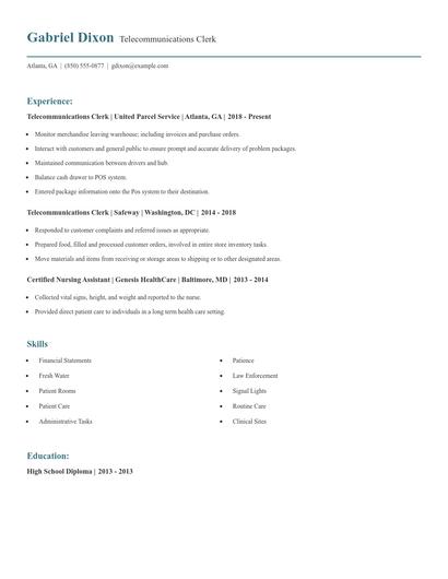 Telecommunications Clerk Resume