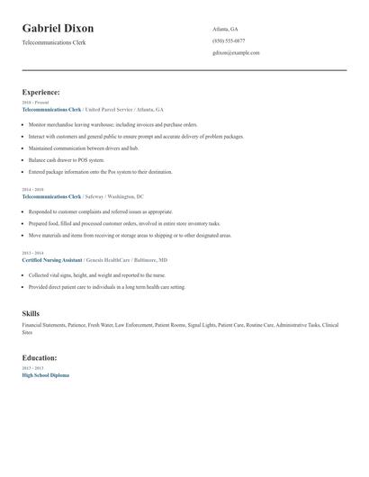 Telecommunications Clerk Resume