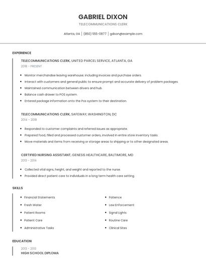 Telecommunications Clerk Resume