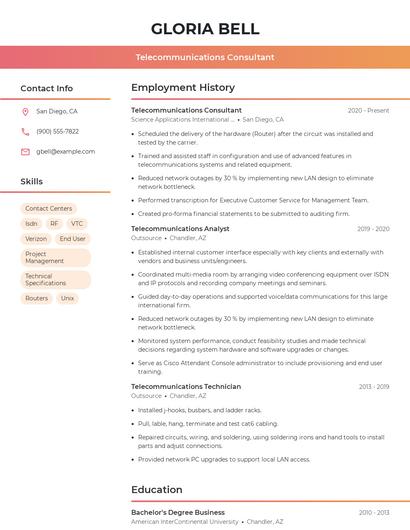 Telecommunications Consultant Resume