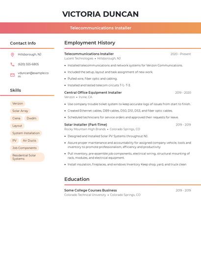 Telecommunications Installer Resume