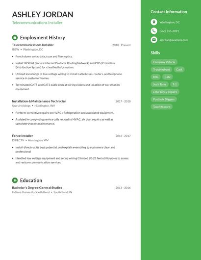 Telecommunications Installer Resume