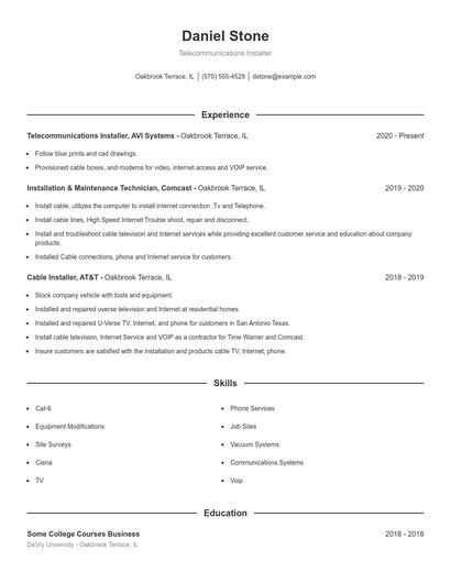 Telecommunications Installer Resume