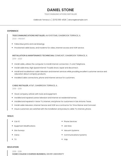 Telecommunications Installer Resume
