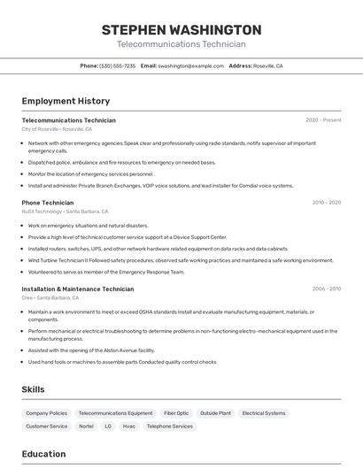 Telecommunications Technician Resume